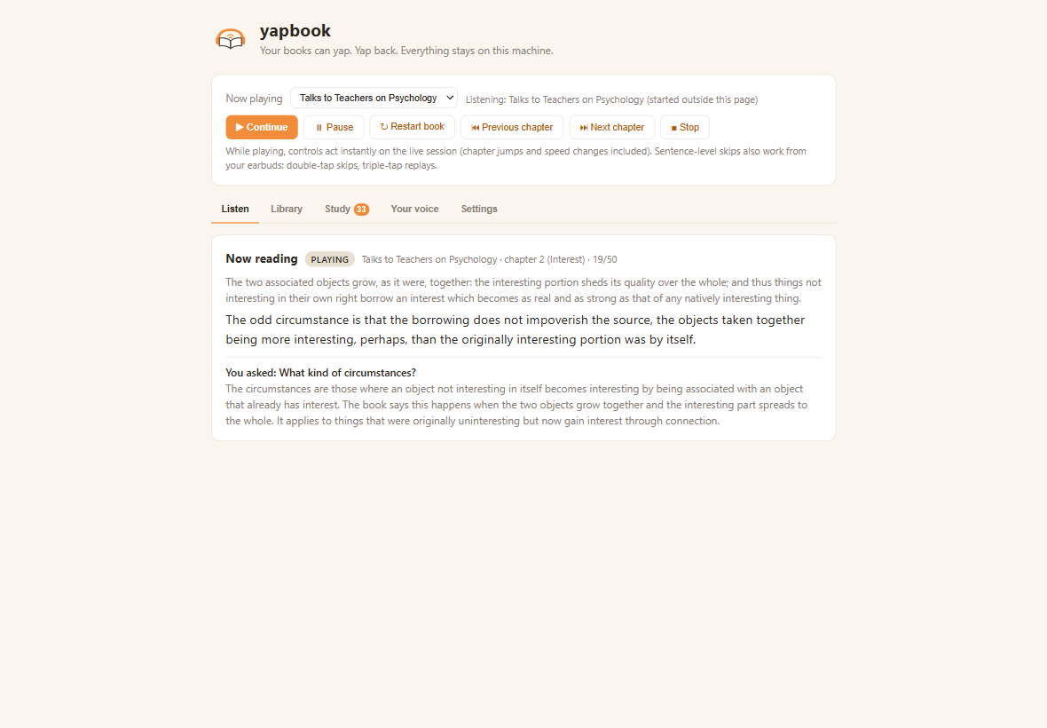 The Listen view: the Now Reading pane with the current sentence and the last question and answer